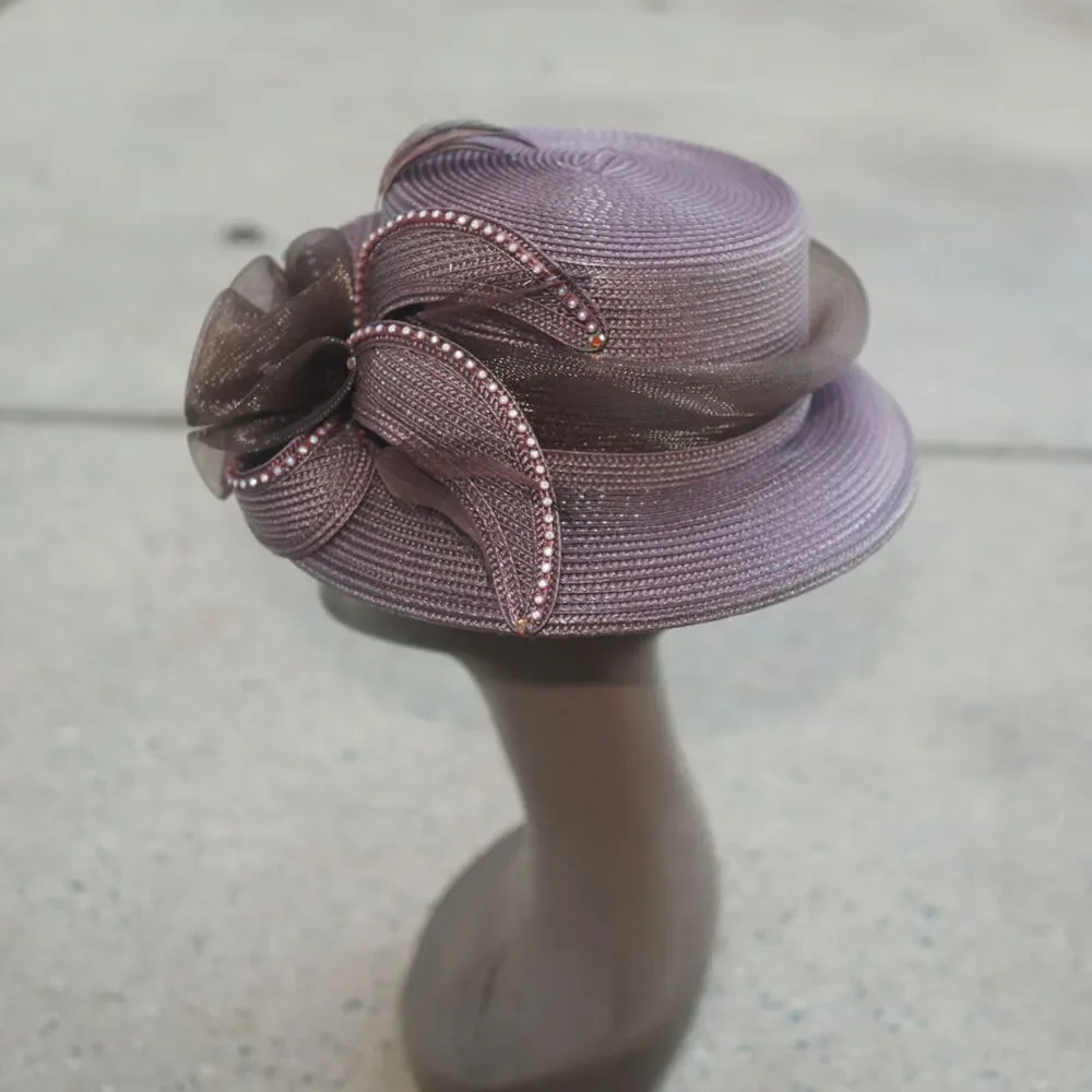 Mauve Brown Ribbon Straw Church Hat Rhinestone Rose Fascinator Vintage Style 12”